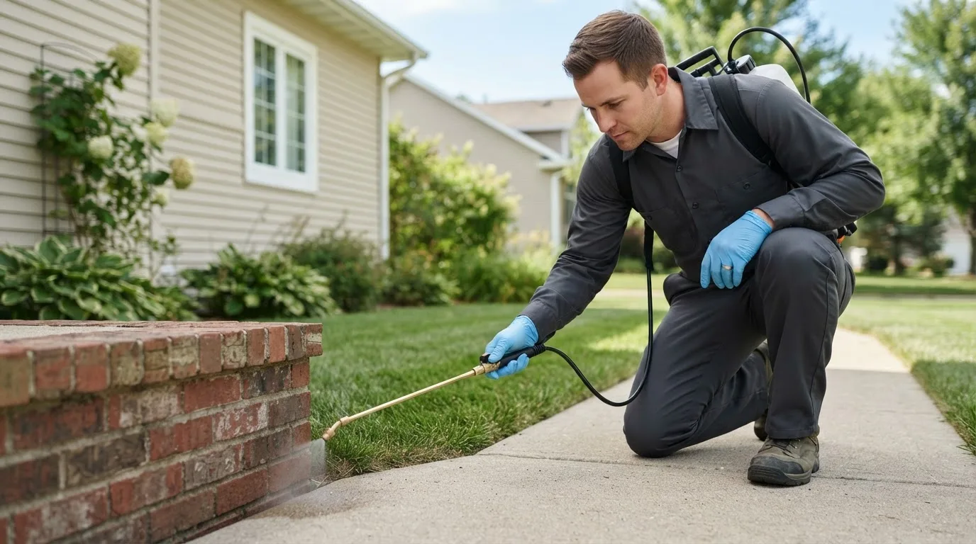 Pest control technician treating a home near Steeleville, IL