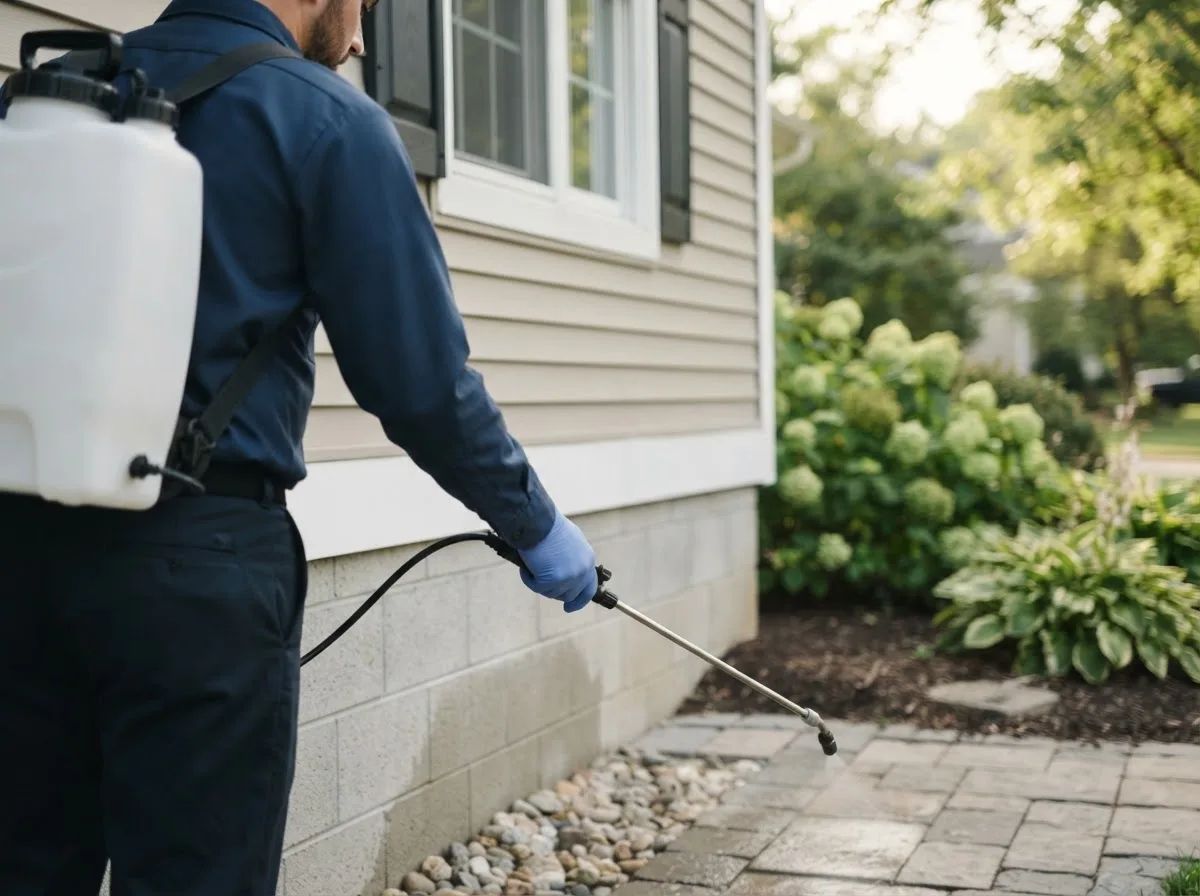 Pest control technician inspecting a home in Steeleville, IL